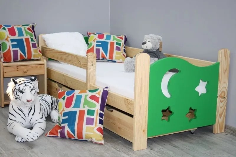 Detská posteľ SEVERYN + rošt ZADARMO, s úložným priestorom, borovica/zelená, 70x160cm