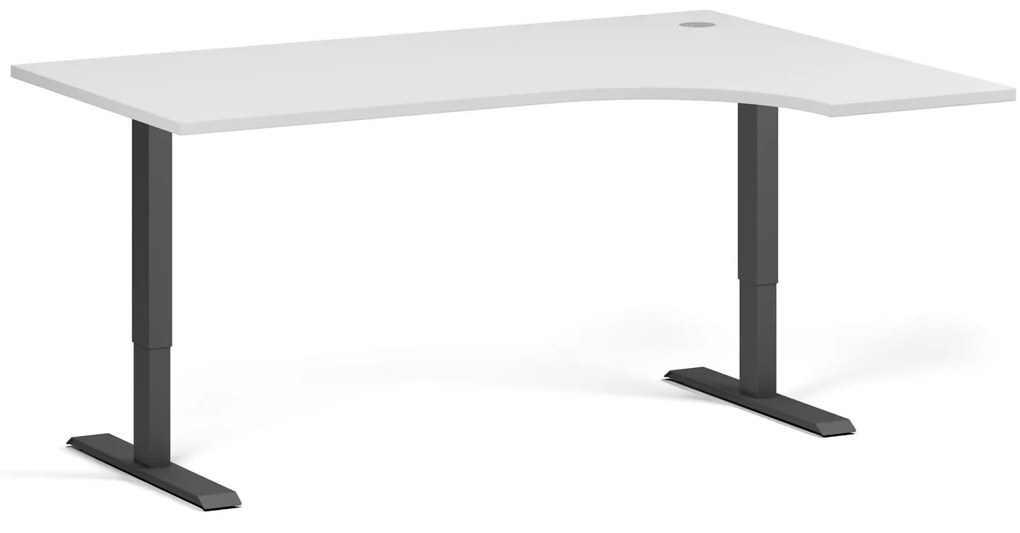Rohový výškovo nastaviteľný stôl, 160x120 cm, 2 motory, L/P, čierna podnož, biela