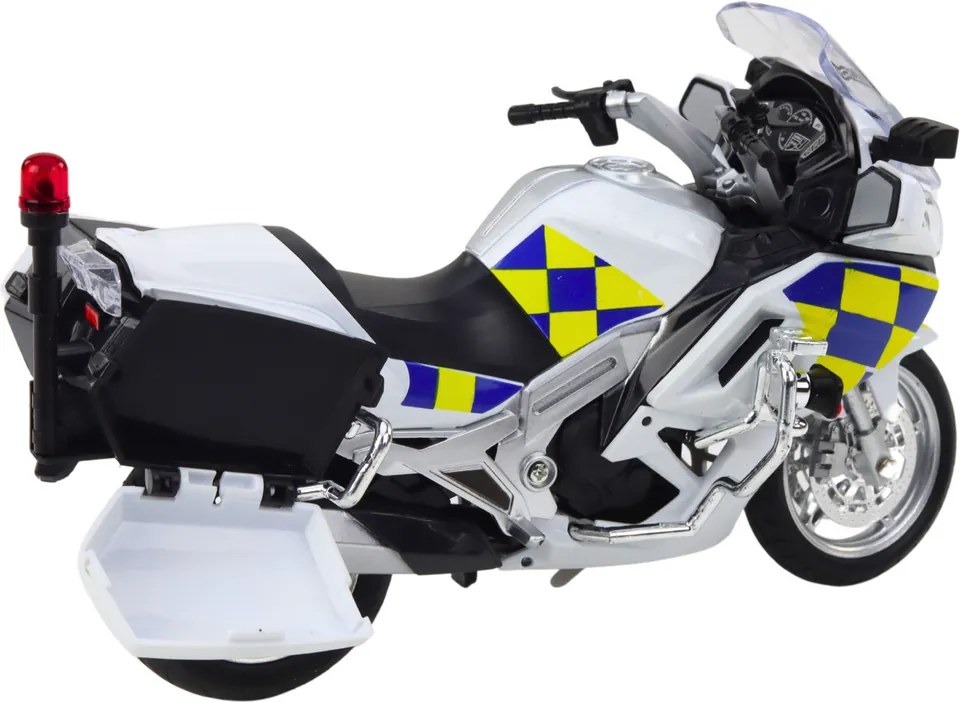 LEAN Toys Policajný motocykel z kovu so svetlami a zvukmi, biely, mierka 1:12
