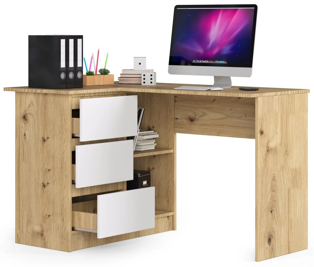 Rohový PC stolík Bodhi (dub artisan + biela) (L). Akcia -14%. Vlastná spoľahlivá doprava až k Vám domov. 1070964