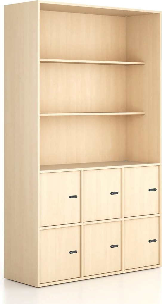 Kancelárska skriňa FRAME, 6x dvere, 2x polica, 1299 x 450 x 2162 mm, mechanický kódový zámok, breza