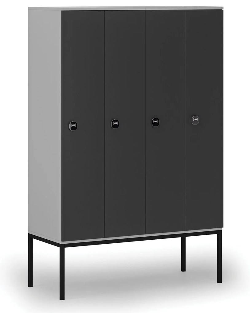 Drevená šatníková skrinka S4 s podnožou, 4 oddiely, 1871 x 1200 x 500 mm, demont, RFID zámok, sivá/grafit