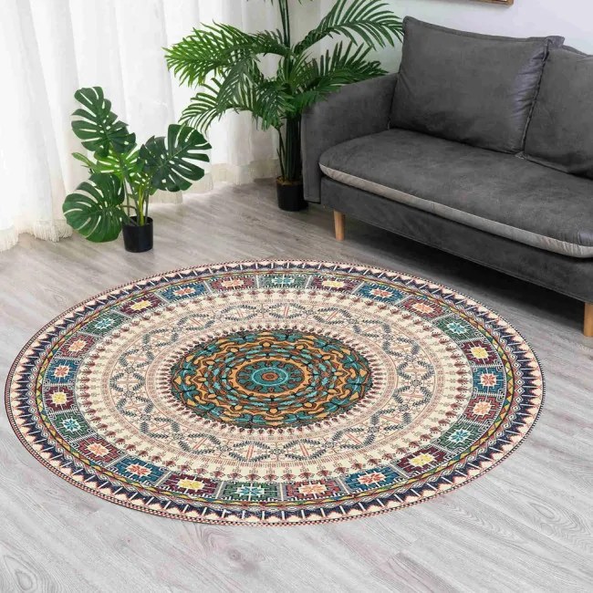 Protišmykový koberec NOVO béžový / modrý kruh