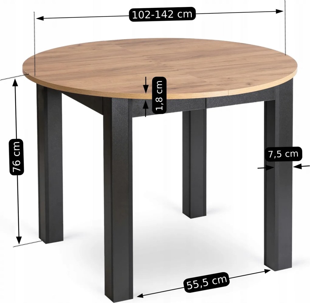 Vintino Jedálenský okrúhly stôl AMFORA dub craft/čierny 102–142 cm