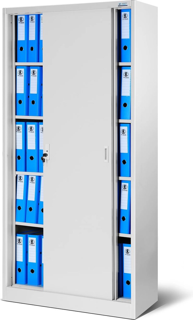 Kovová spisová policová skriňa s posuvnými dverami KUBA, 900 x 1850 x 400 mm, šedá