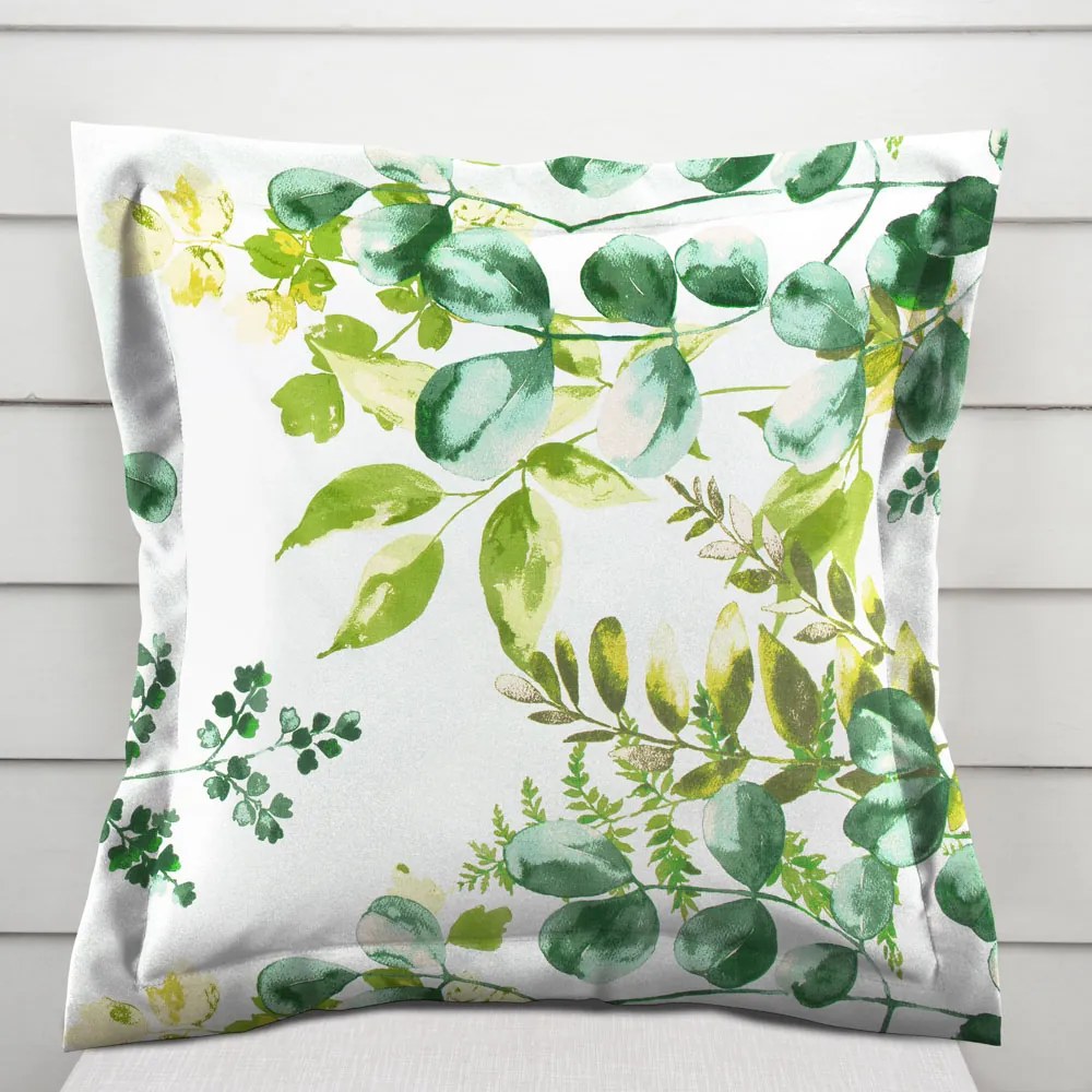 Biante Bavlnená obliečka na vankúš s lemom Sandra SA-244 Zelený eukalyptus na bielom 50 x 50 cm