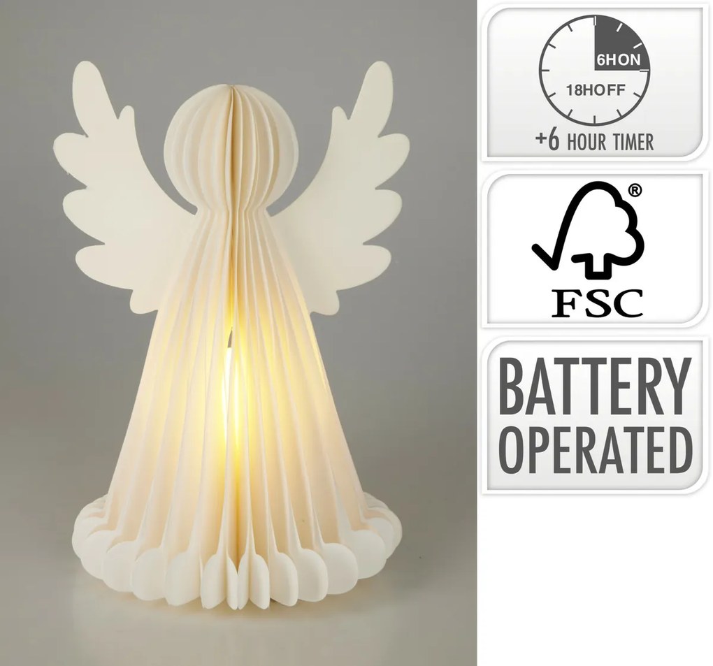 Svietiaca vianočna dekorácia Anjel, 28 cm, 6 LED, na batérie, časovač