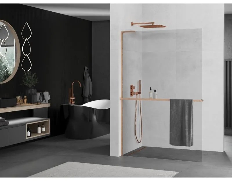 Mexen Kioto+ L, sprchová zástena Walk-In s poličkou a vešiakom 95 x 200 cm, 8mm číre sklo, medený matný profil, 800-095-123-65-00