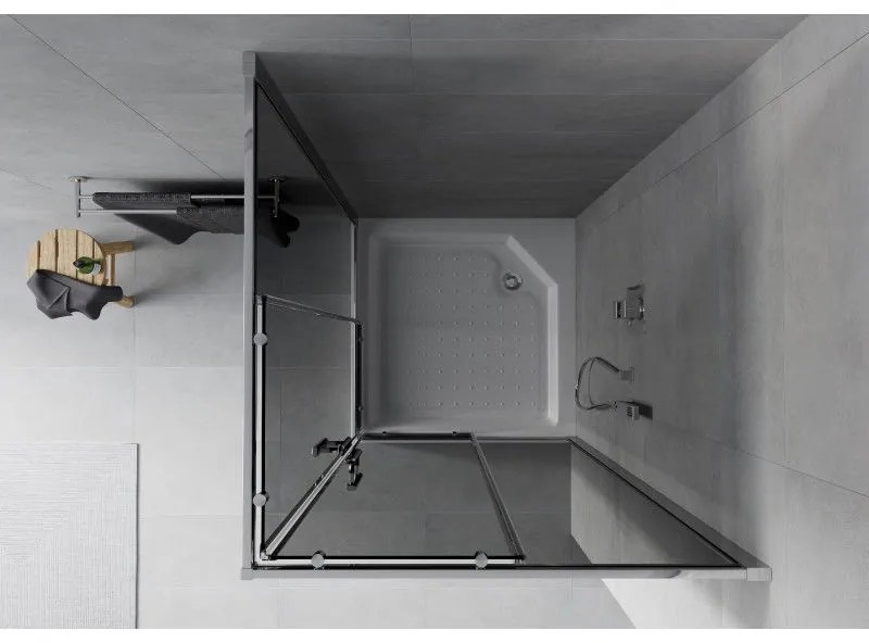 Mexen Rio, štvorcový sprchovací kút s posuvnými dverami 90 x 90 cm, 6mm šedé sklo, chrómový profil + biela vysoká vanička Rio, 860-090-090-01-40-4510