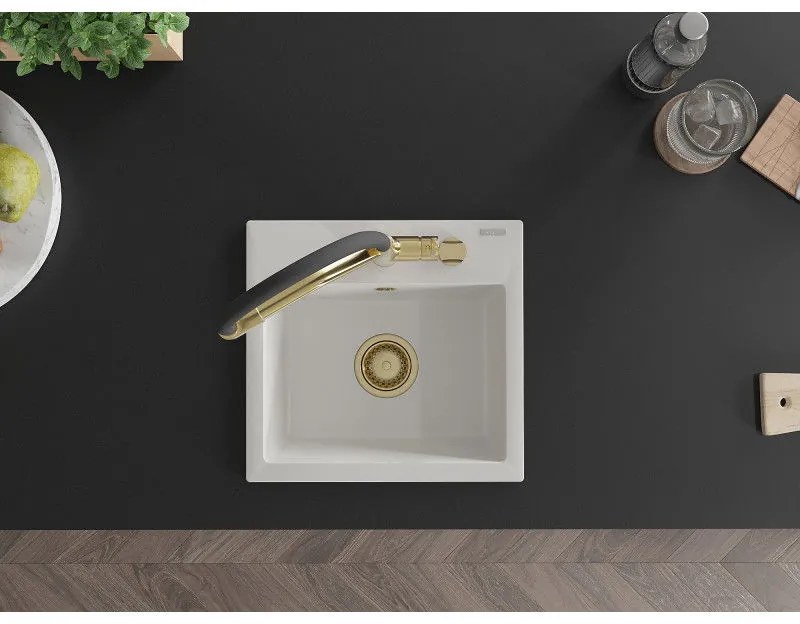 Mexen Milo, granitový drez 435x410x171 mm, 1-komorový a drezová batéria Duo, biela, 6505-20-671701-57-G