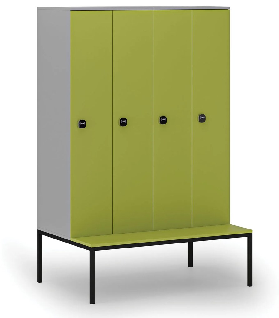 Drevená šatníková skrinka s lavičkou, 4 oddiely, 1871 x 1200 x 500/800 mm, RFID zámok, sivá/zelená