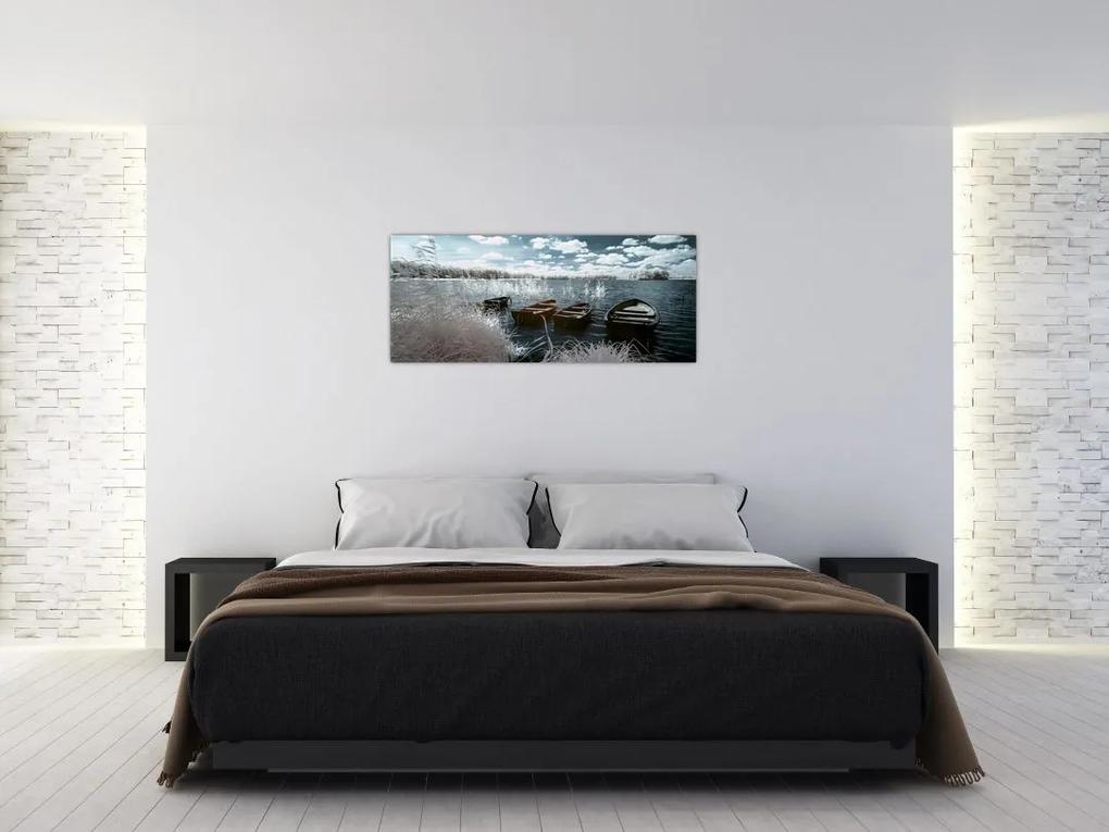 Obraz - Drevené loďky na jazere (120x50 cm)