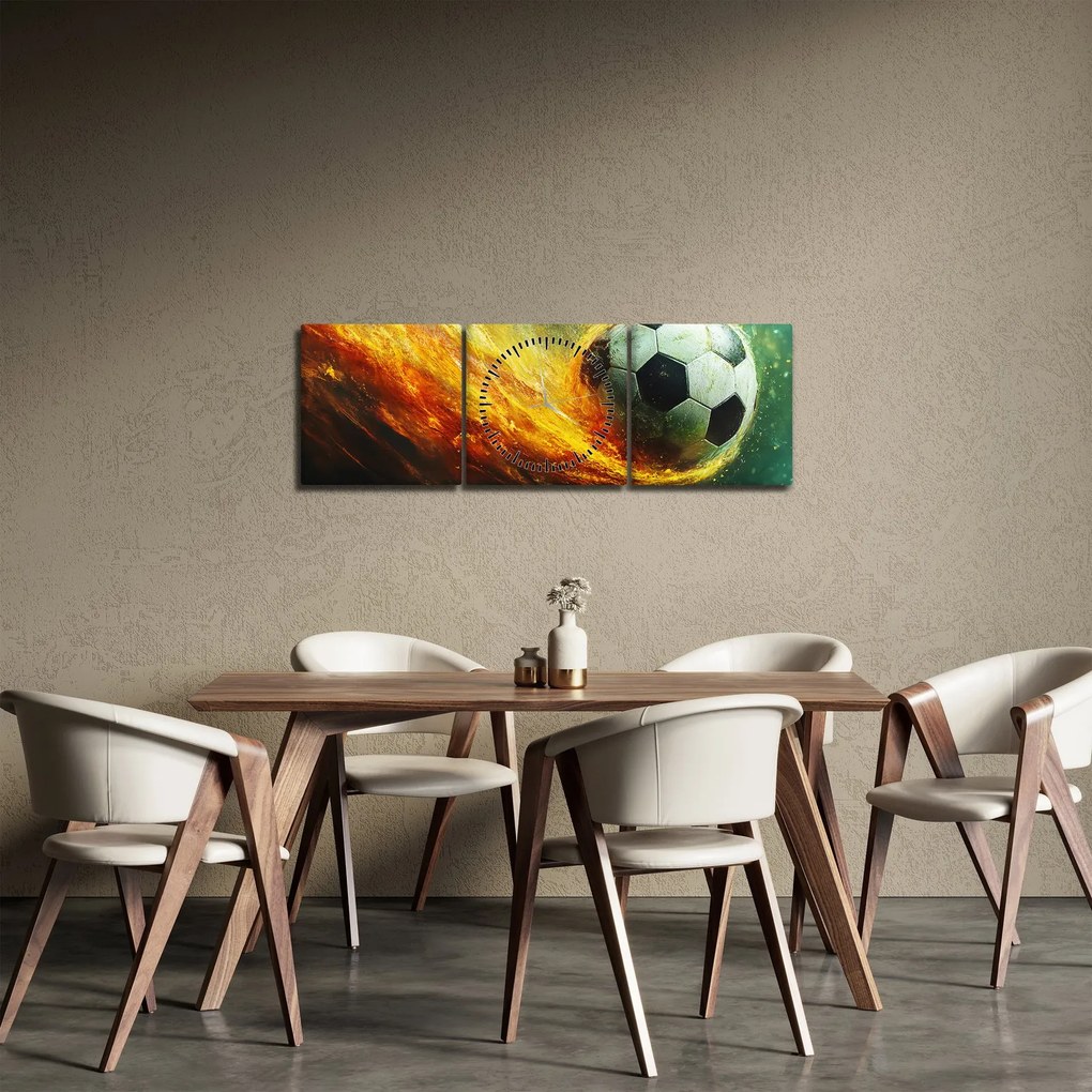 Obraz - Futbalová lopta v lete (s hodinami) (90x30 cm)