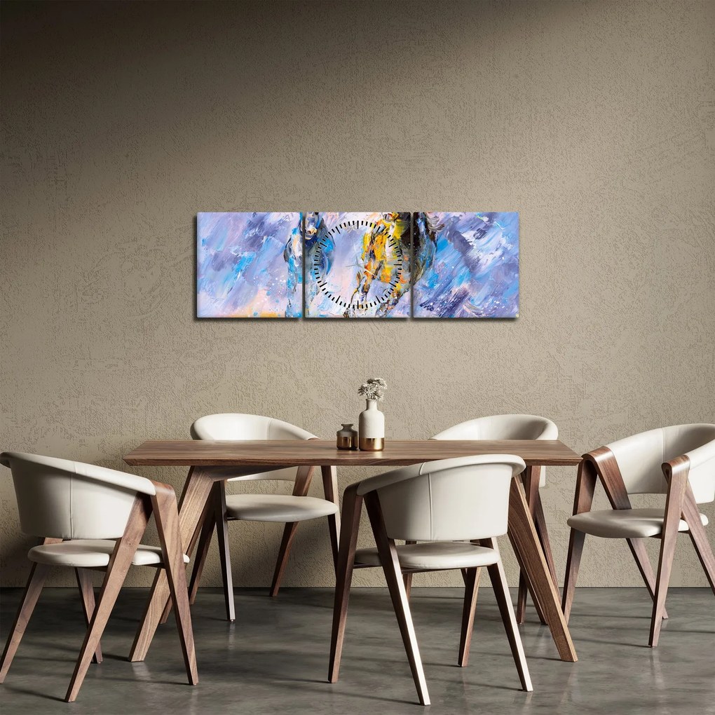 Obraz bežiacich koňov, olejomaľba (s hodinami) (90x30 cm)