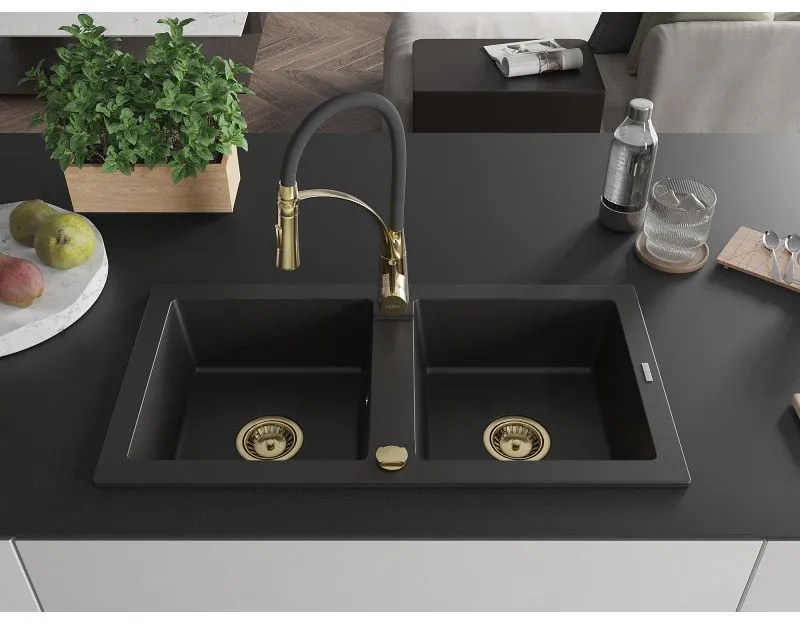 Mexen Mario, granitový drez 820x436x161 mm, 2-komorový a drezová batéria Aster, čierna, 6504-77-73450-57-G