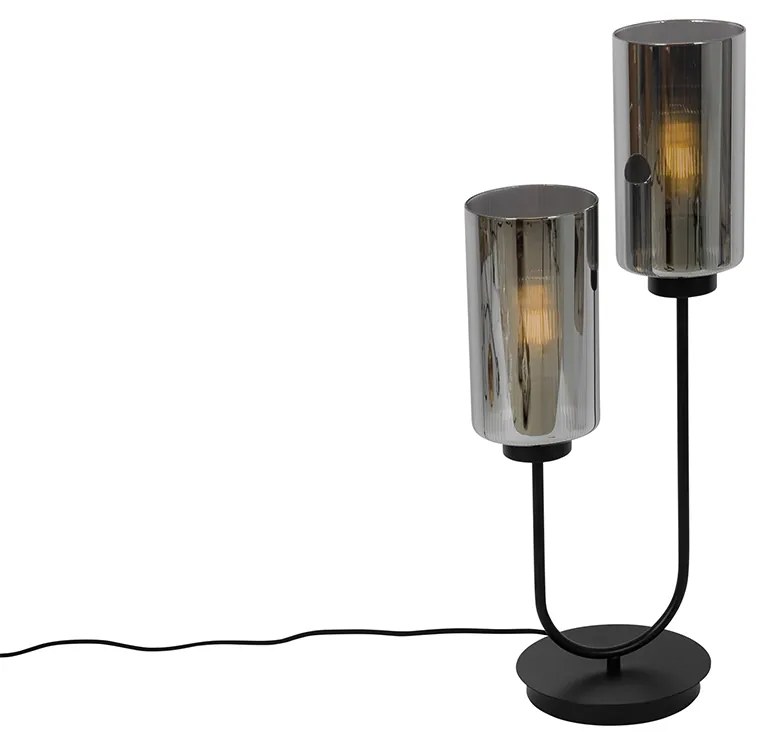 Art Deco stolná lampa čierna s dymovým sklom 2-svetlo - Laura