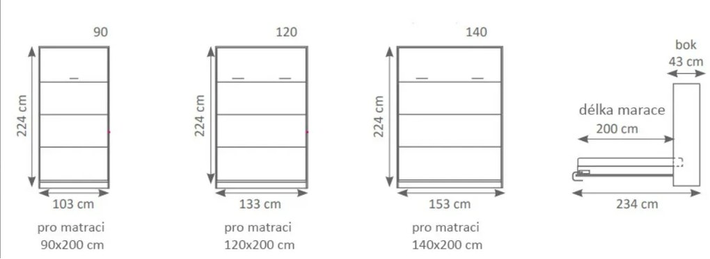 Sklápěcí postel Hela 90x200 cm, bílý mat, svislá