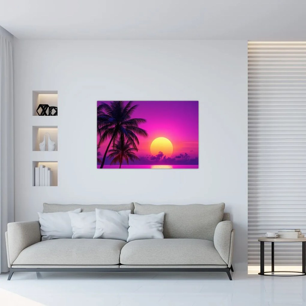 Obraz - Fialový západ s palmou (90x60 cm)