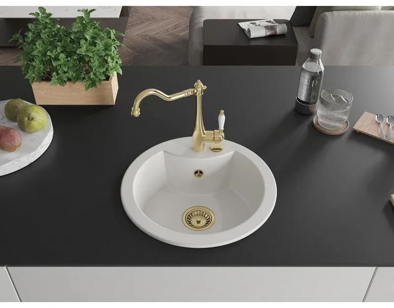 Mexen Diego, granitový drez 488x488x167 mm, 1-komorový a drezová batéria Carla, biela, 6512-20-670700-50