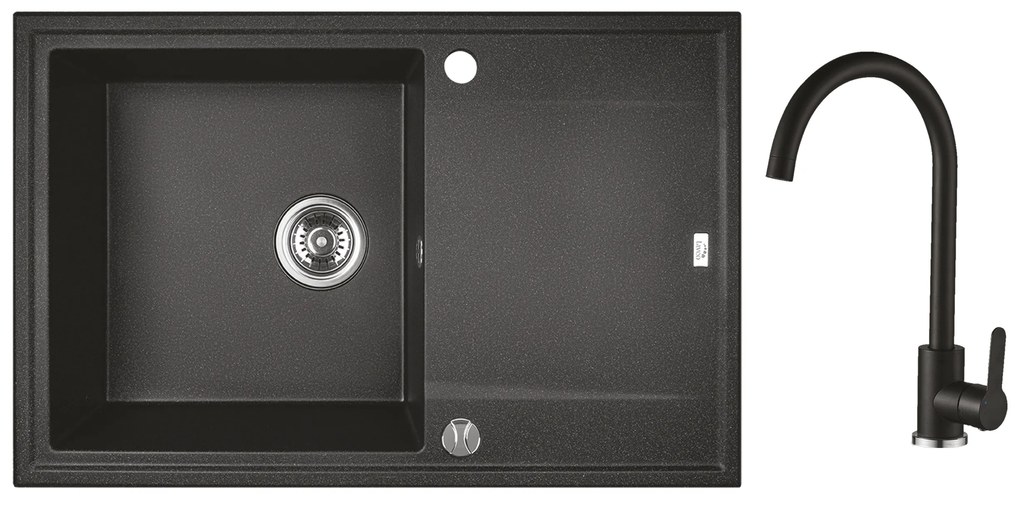 Laveo Megalo, 1-komorový granitový drez 780x500x185 mm + drezová batéria, čierna, LAV-SBEA711T