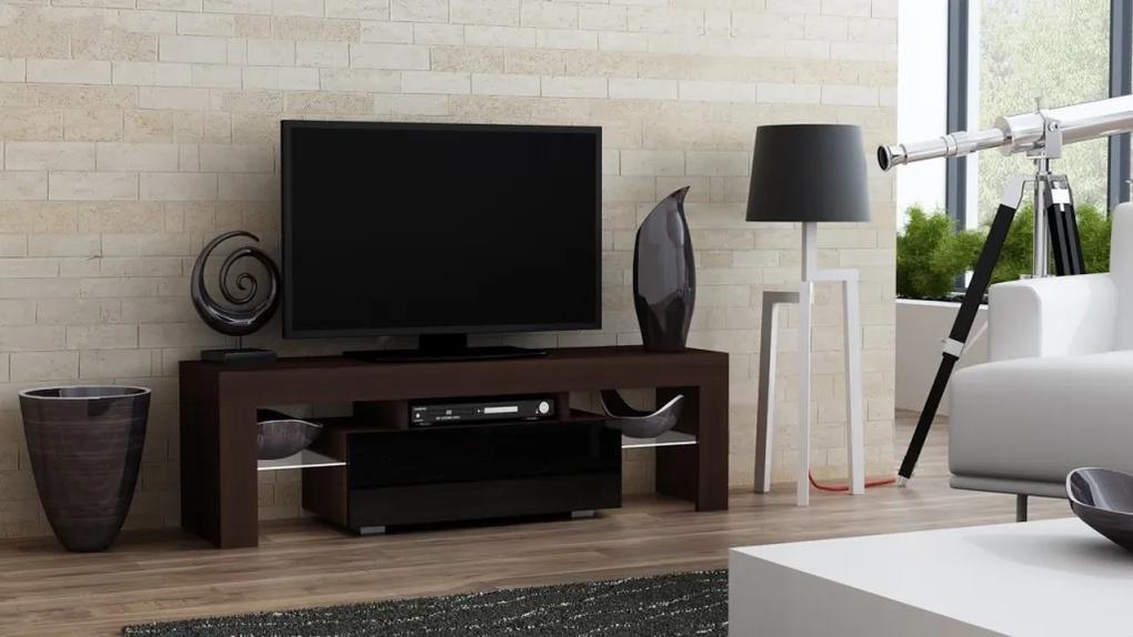 Mazzoni TV stolík MILANO lesklý 130 LED wenge, čierna zásuvka