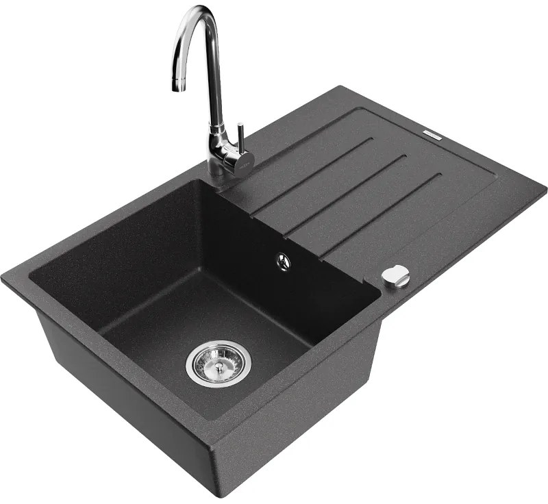 Mexen Bruno, 1-komorový granitový drez s odkvapkávačom 80x50 cm a kuchynskou batériou Telma, čierna-škvrnitá, 6513-76-670200-00