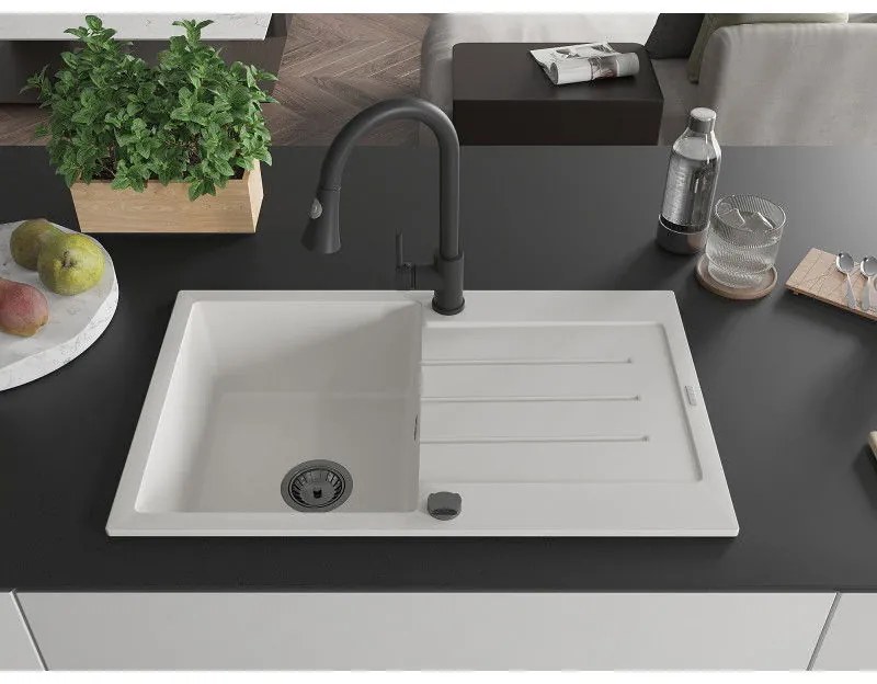 Mexen Bruno, 1-komorový granitový drez 795x495x200 mm a drezová batéria Elia, biela, 6513-20-670101-70