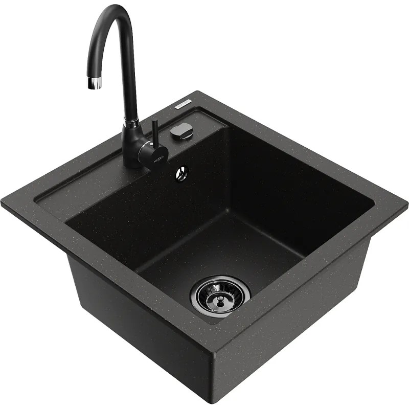Mexen Vito, 1-komorový granitový drez 520x490x210 mm, čierna matná batéria Telma, čierna-zlatá metalíza, 6503-75-670200-70-B