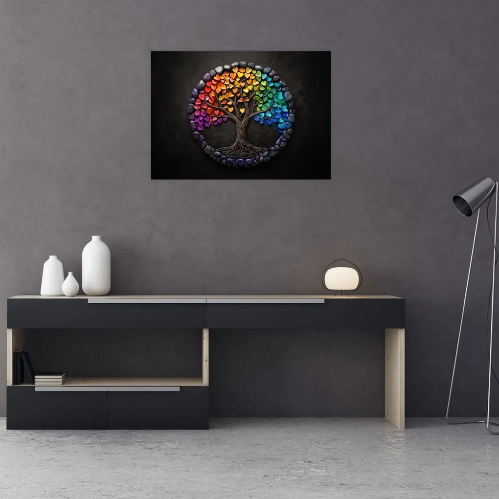 Sklenený obraz – Strom plný farebných sŕdc (70x50 cm)