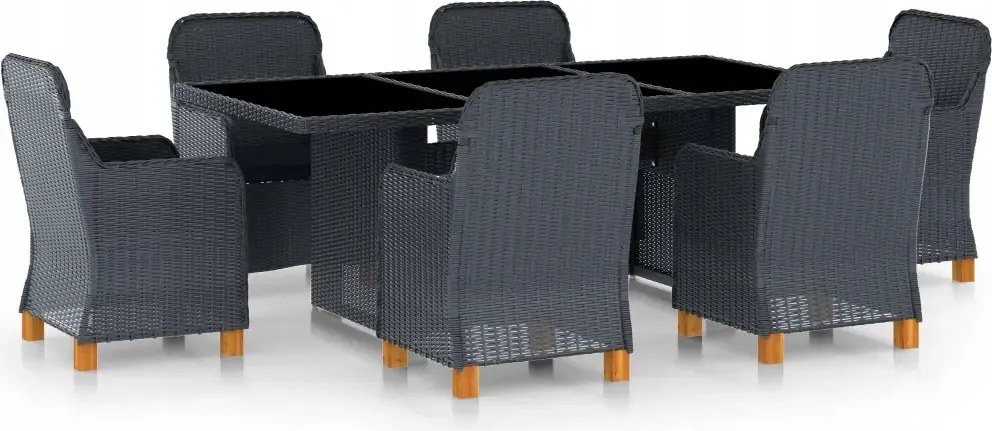 vidaXL 7-dielna vonkajšia jedálenská súprava s podložkami polyratan tmavosi