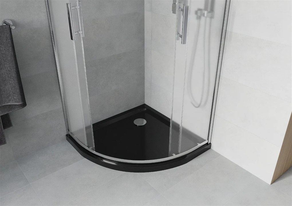 Mexen Rio, štvrťkruhový sprchovací kút s posuvnými dverami 70 x 70 cm, 6mm sklo námraza, chrómový profil + čierna sprchová vanička, 863-070-070-01-30-4170