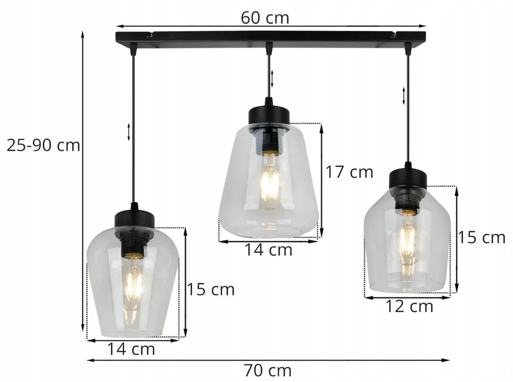 Závesné svietidlo RIJEKA 3, 3x transparentné sklenené tienidlo