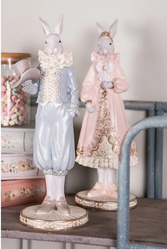 Dekorácia figúrka biely králik v modrom obleku - 11*10*31 cm