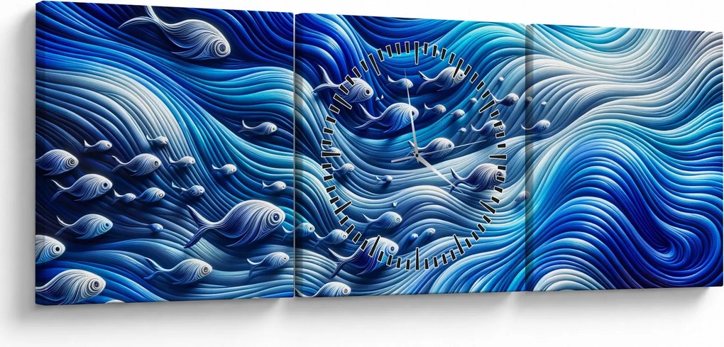 Obraz – Ryby vo vlnách (s hodinami) (90x30 cm)