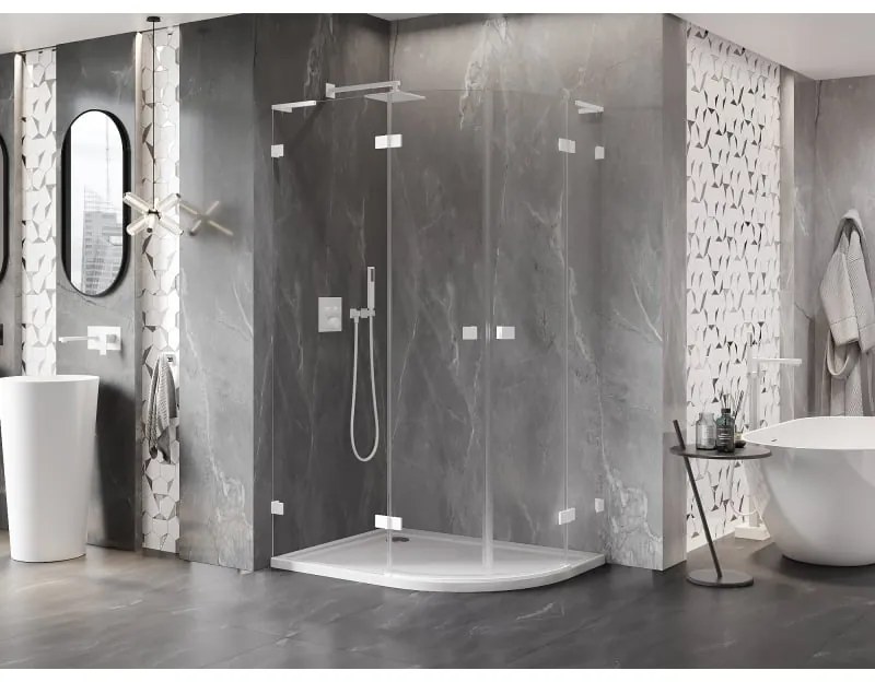 Mexen Lunar, L polkruhový sprchový kút naklápací doľava 90 x 80 cm, 8mm číre sklo, biely profil, 833L-090L-080P-20-00