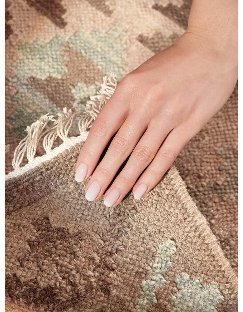 Svetlomodrý/béžový obojstranný ručne tkaný vlnený behúň 60x190 cm Kamal Dune – Nouristan