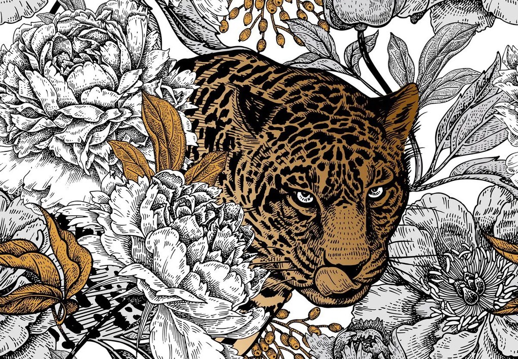Fototapeta - Leopard v pivonkách (147x102 cm)