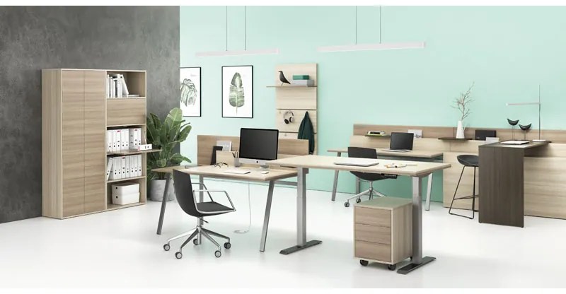 PLAN Výškovo nastaviteľný stôl SINGLE LAYERS, 160x80 cm, 2 motory, s prepážkami, dub prírodný/dub morený