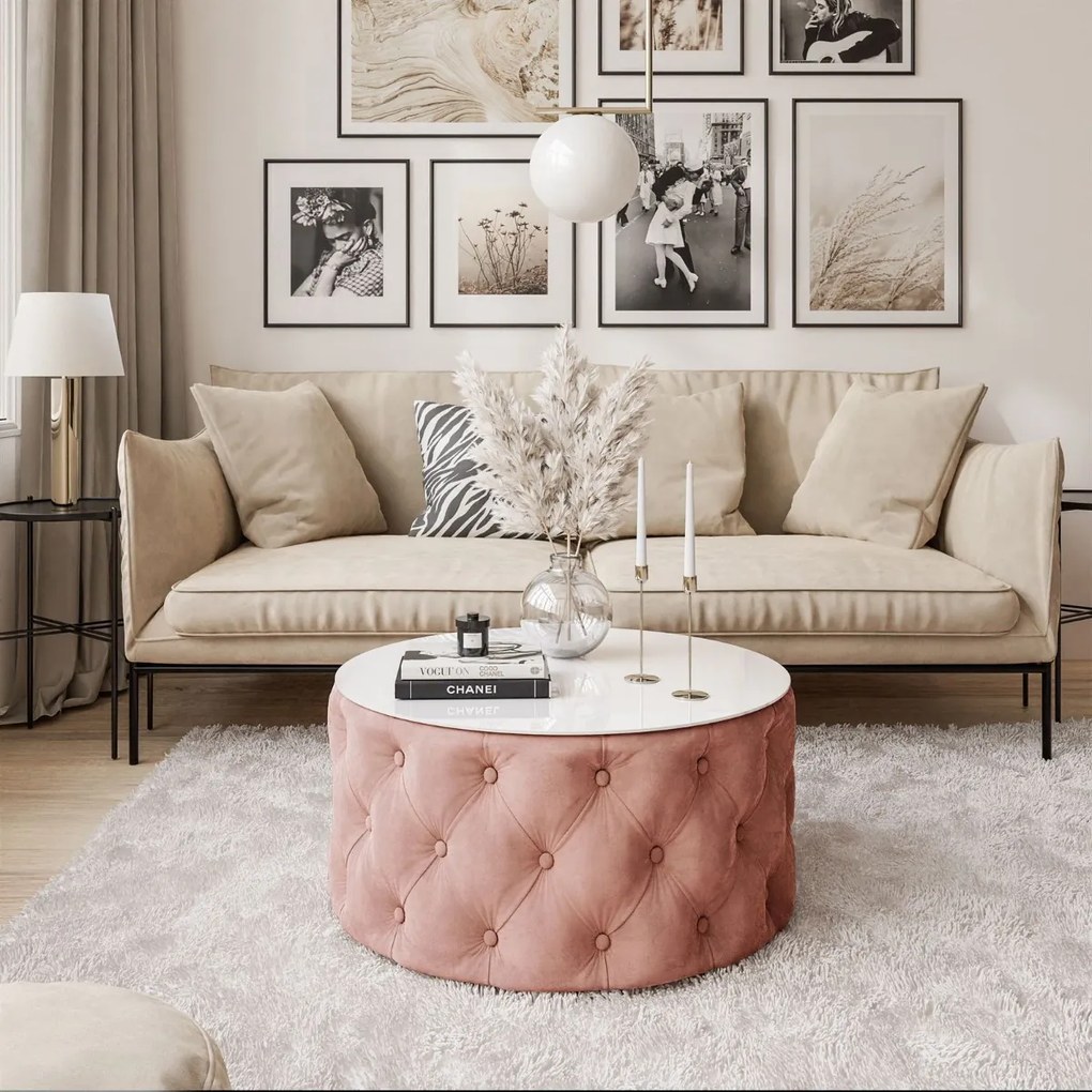 KONFERENČNÝ STOLÍK CARLY 70 cm CHESTERFIELD + BIELE SKLO FRENCH VELVET 682