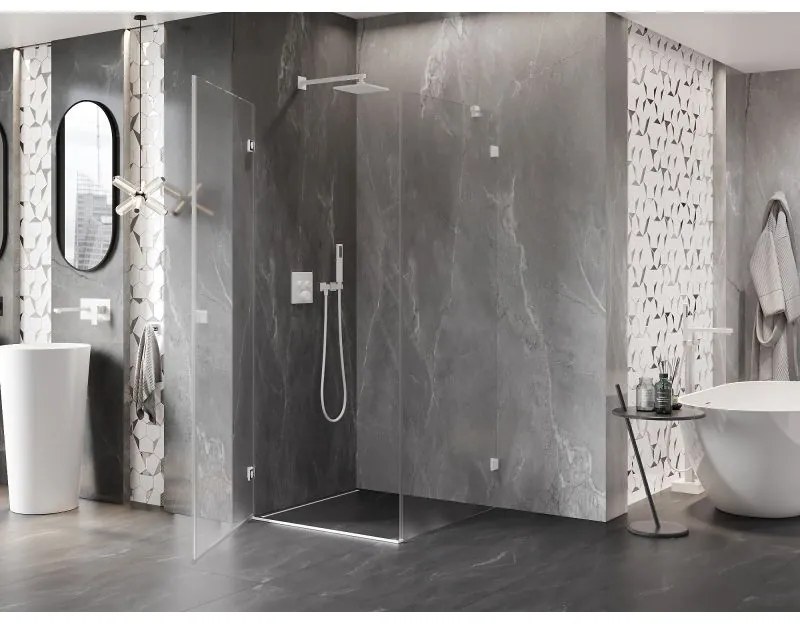 Mexen Lunar-B, výklopný sprchový kút ľavý 90 x 90 cm, 8mm číre sklo, biely profil, 832-090-090-20-00-L