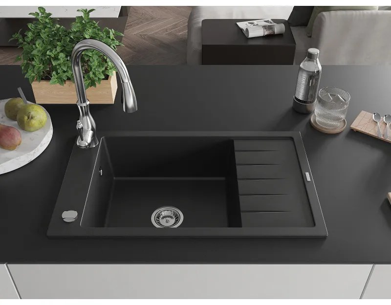 Mexen Elias, 1-komorový granitový drez 795x480x200 mm a drezová batéria Savita, čierna, 6511-77-672601-00