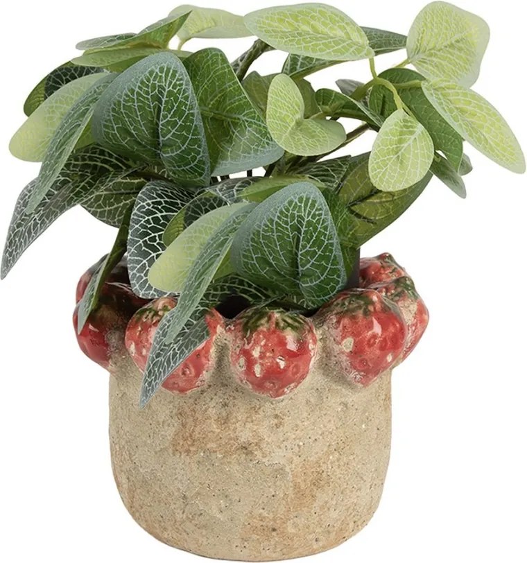 Béžový antik terakotový obal na kvetináč s jahôdkami - Ø 15*12 cm