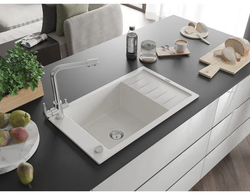 Mexen Elias, 1-komorový granitový drez s odkvapkávačom 795x480x200 mm a chrómová batéria Duero, biela, 6511-20-671600-00