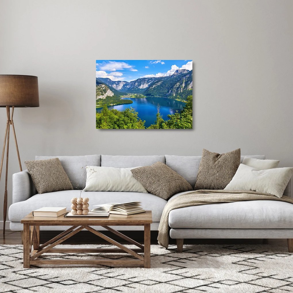 Sklenený obraz - Halštatské jazero, Hallstatt, Rakúsko (70x50 cm)