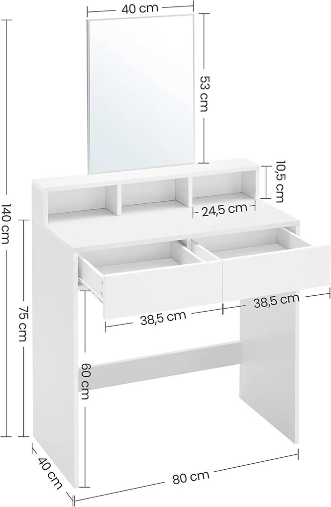VASAGLE Biely toaletný stolík 80 × 40 × 140 cm