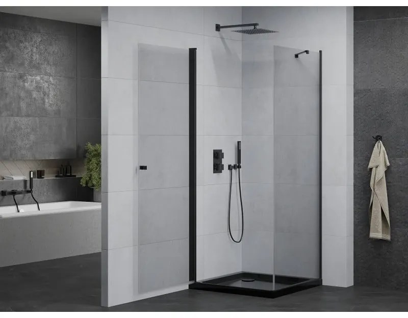 Mexen Pretoria, sprchovací kút 90 (dvere) x 90 (stena) cm, 6mm číre sklo, čierny profil + čierna sprchová vanička, 852-090-090-70-00-4070B