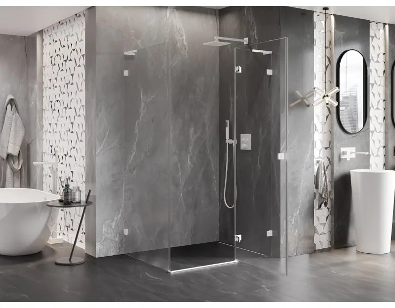 Mexen Lunar, L pravý výklopný sprchový kút 95 x 80 cm, 8mm číre sklo, biely profil, 834L-095-080-20-00-P