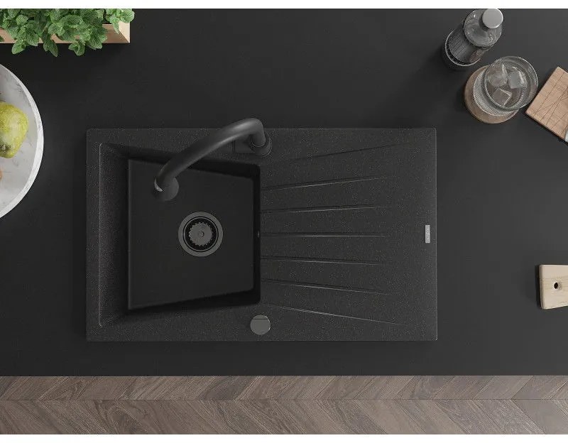 Mexen Cesar, 1-komorový granitový drez 775x470x190 mm a drezová batéria Elia, čierna-strieborná metalíza, 6514-73-670101-70-B