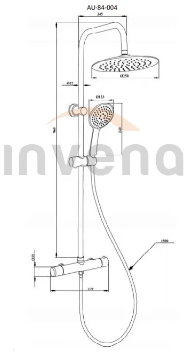 Invena Trend, termostatická sprchová batéria Trend s hlavovou dažďovou sprchou Musta 25cm, čierna matná, INV-AU-84-004-X