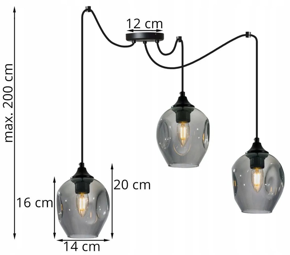 Závesné svietidlo PRAGA SPIDER, 3x sklenené tienidlo (mix 3 farieb)